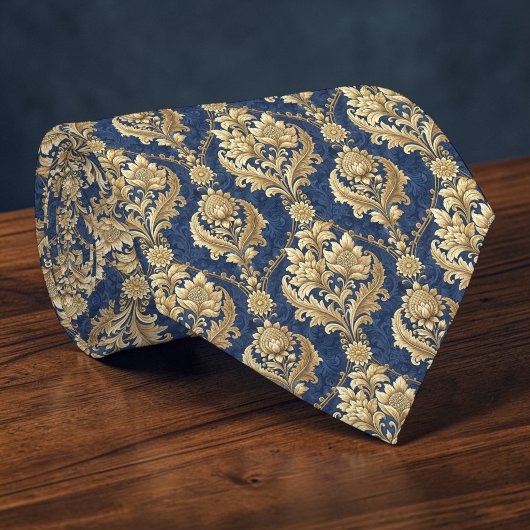 Blauw en goud damast maatwerk stropdas
