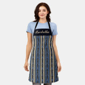 Blauw en goud damast strepen schort (Gedragen)