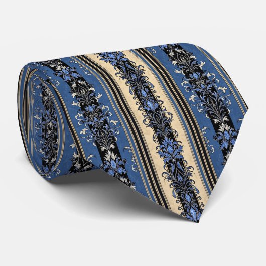 Blauw en goud damast strepen stropdas (Opgerold)