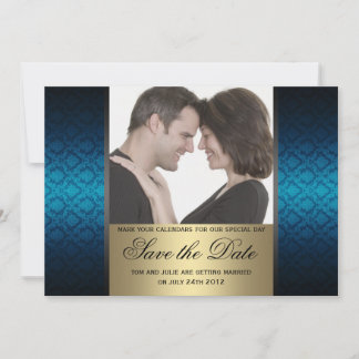 Blauw en goud damasten save-the-date foto save the date