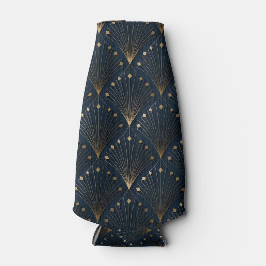 Blauw En Goud Deco Patroon Flesjeskoeler (Voorkant)