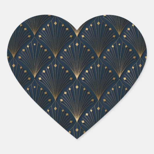 Blauw En Goud Deco Patroon Hart Sticker (Voorkant)