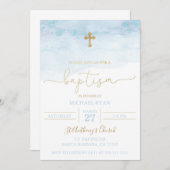 Blauw en Goud Doop Uitnodiging Baby Boy (Voorkant / Achterkant)