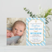 Blauw en Goud Doopsel Doopsel Baby Boy Foto Kaart (Staand voorkant)