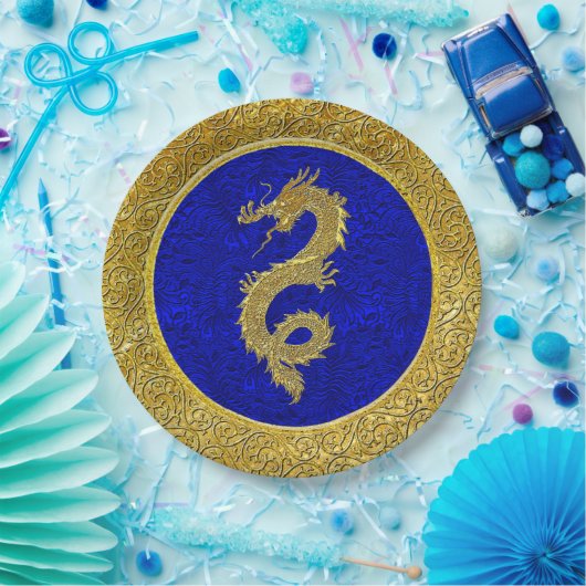 Blauw en goud drakenpatroon papieren bordje (Feest)