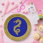 Blauw en goud drakenpatroon papieren bordje (Feest)