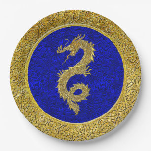 Blauw en goud drakenpatroon papieren bordje