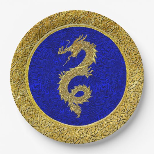 Blauw en goud drakenpatroon papieren bordje (Voorkant)
