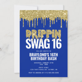 Blauw en Goud Drippin Swag 16 Verjaardag Kaart