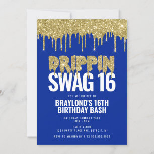 Blauw en Goud Drippin Swag 16 Verjaardag Kaart