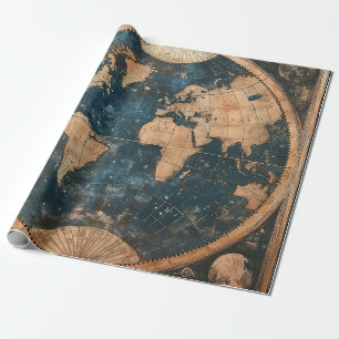 blauw en goud dubbele halfrond Wereldkaart Cadeaupapier