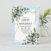 Blauw en Goud Elegant Bloemmotief Rustieke Waterve Kaart (Staand voorkant)