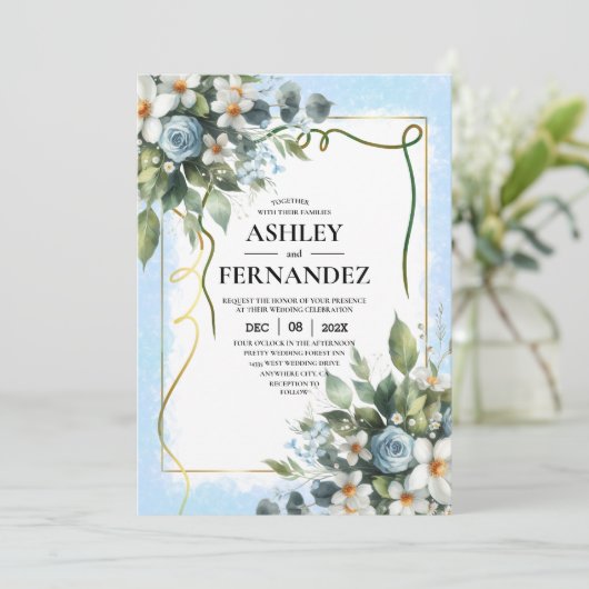 Blauw en Goud Elegant Bloemmotief Rustieke Waterve Kaart (Staand voorkant)