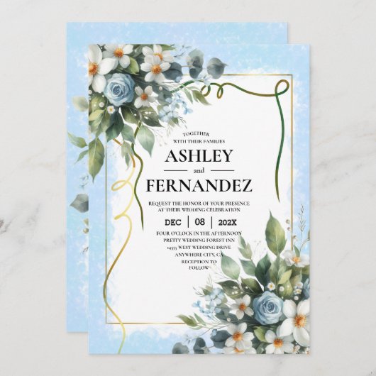 Blauw en Goud Elegant Bloemmotief Rustieke Waterve Kaart (Voorkant / Achterkant)