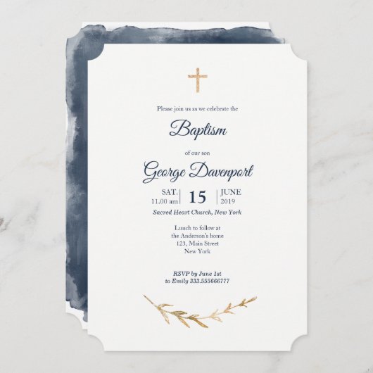 Blauw en Goud Elegant Doop Religieus evenement Kaart (Voorkant / Achterkant)