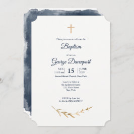 Blauw en Goud Elegant Doop Religieus evenement Kaart
