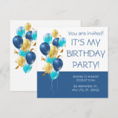 Blauw en goud. Elegant jarig Kaart (Voorkant / Achterkant)