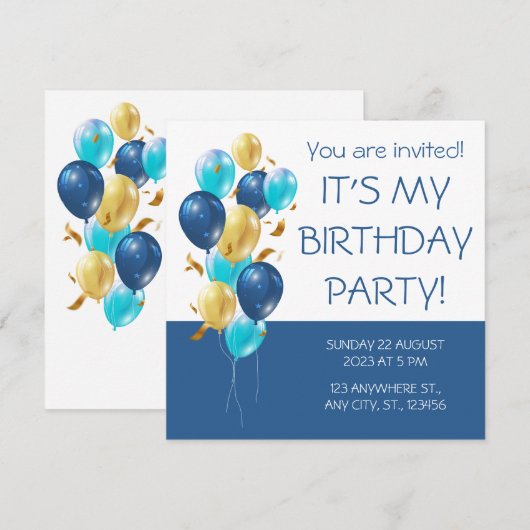 Blauw en goud. Elegant jarig Kaart (Voorkant / Achterkant)