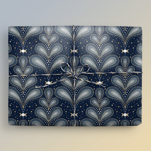 Blauw en goud Elegante Art Deco Celestial Paisley Cadeaupapier