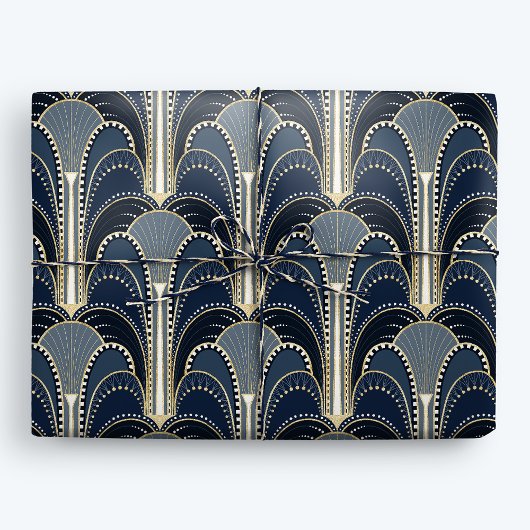 Blauw en Goud Elegante Art Deco Fontein Cadeaupapier