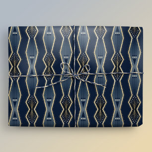 Blauw en Goud Elegante Art Deco Stripe Cadeaupapier