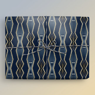 Blauw en Goud Elegante Art Deco Stripe Cadeaupapier