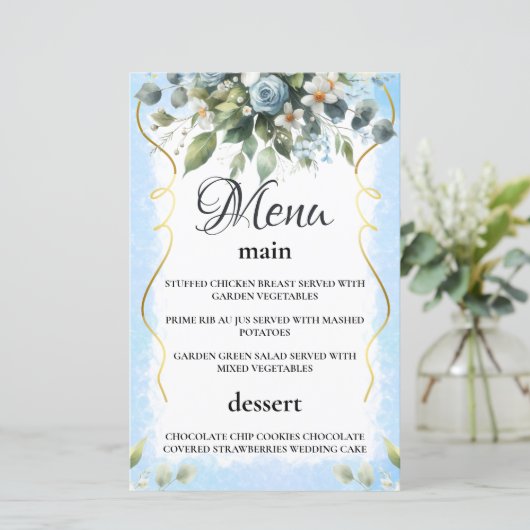 Blauw en Goud Elegante Bloemen Rustiek Menu Kaart (Staand voorkant)
