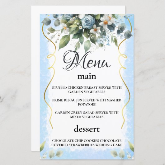 Blauw en Goud Elegante Bloemen Rustiek Menu Kaart (Voorkant / Achterkant)