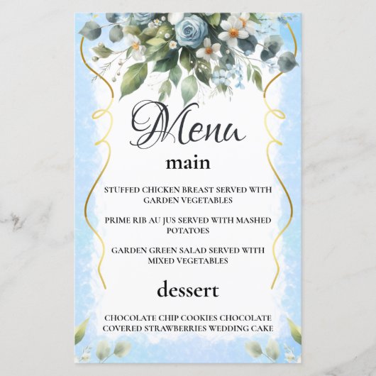 Blauw en Goud Elegante Bloemen Rustiek Menu Kaart (Voorkant)