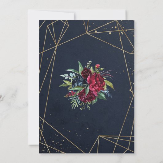 Blauw en goud elegante bloemige bruiloft kaart (Achterkant)