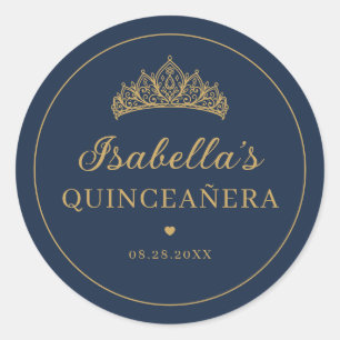 Blauw en Goud Elegante Tiara Quinceañera Ronde Sticker