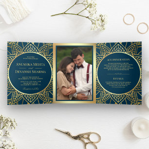 Blauw en Goud Etnische Mandala Indische Bruiloft Drieluik Uitnodiging