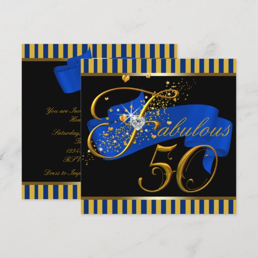 Blauw en goud fantastisch 50ste verjaardagsfeest kaart (Voorkant / Achterkant)