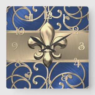 Blauw en goud filigraan krullen Fleur de Lis Vierkante Klok