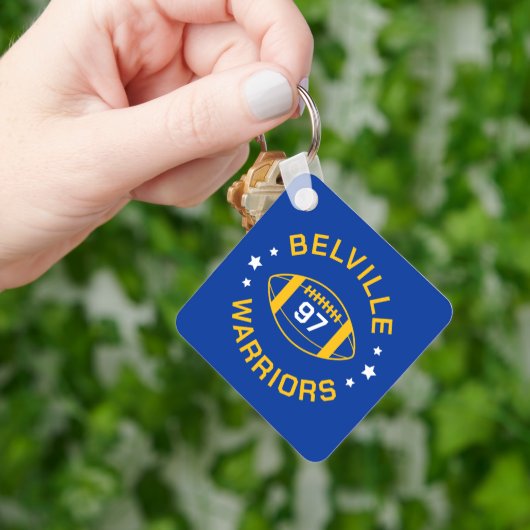 Blauw en Goud Football Speler Jersey Nummer Foto Sleutelhanger (Hand)