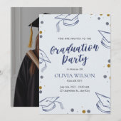 Blauw en Goud Foto Graduation Party Kaart (Voorkant / Achterkant)