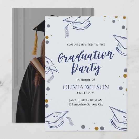 Blauw en Goud Foto Graduation Party Kaart (Voorkant / Achterkant)