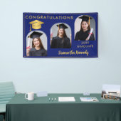 Blauw en Goud Gefeliciteerd 3 Foto Afstuderen Spandoek (Beurs)