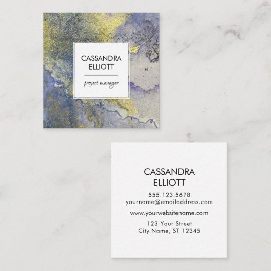 Blauw en goud gemarmerde Abstracte vloeibare kunst Vierkante Visitekaartje (Voorkant / Achterkant)