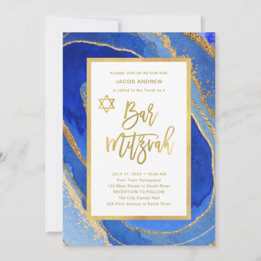 blauw en goud geode | Bar Mitzvah Kaart (Voorkant)