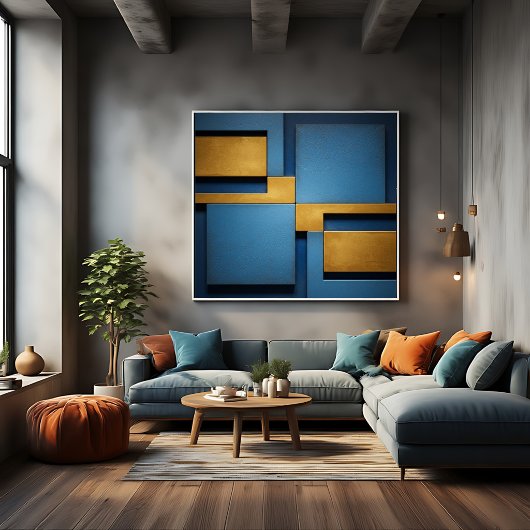 Blauw en goud geometrisch abstract luxe canvas afdruk