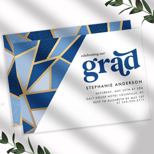 Blauw en Goud Geometrisch Afstudeerfeest Kaart