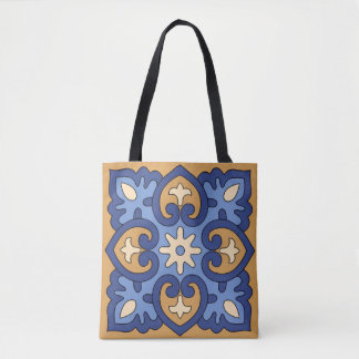 Blauw en goud geometrisch bloemmotief tote bag