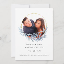 Blauw en goud geometrisch eucalyptusblad bruiloft save the date