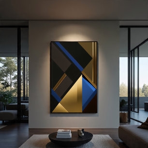 Blauw en Goud Geometrisch Patroon Canvas Afdruk