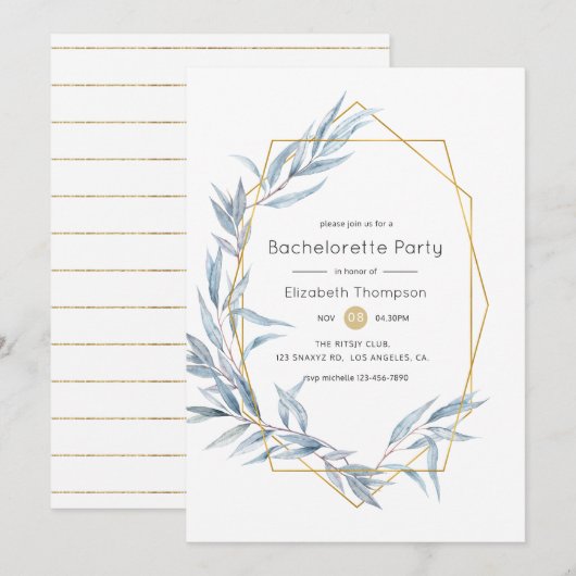 Blauw en Goud Geometrische Eucalyptus Bachelorette Kaart (Voorkant / Achterkant)