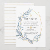 Blauw en Goud Geometrische Eucalyptus Bat Mitzvah Kaart (Voorkant / Achterkant)