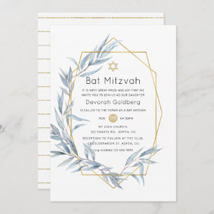 Blauw en Goud Geometrische Eucalyptus Bat Mitzvah Kaart