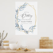 Blauw en Goud Geometrische Eucalyptus Bruiloft Wel Poster (Keuken)