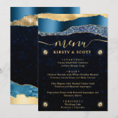 Blauw en Goud Glam Tranen Bokeh Bruiloft Menu (Voorkant / Achterkant)